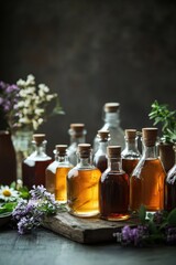 A colorful table setting featuring syrup bottles and fresh flowers