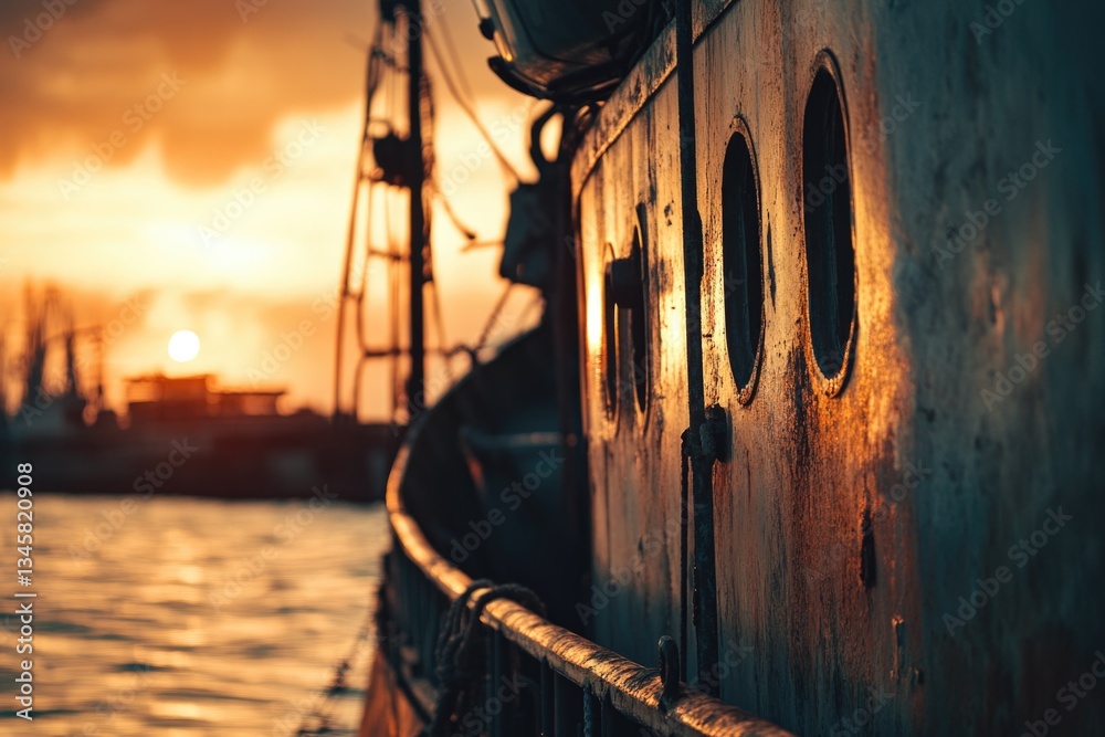 Poster a boat on the water with the sun setting in the background