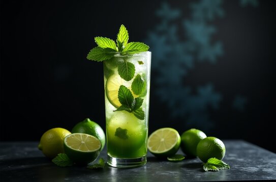 A refreshing cocktail made with lime juice, mint leaves, and sugar