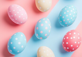 Obraz premium Colorful Easter Eggs on Pastel Background with Polka Dots Perfect for Spring Celebrations and Festive Decorations in a Cheerful Atmosphere
