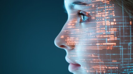 Visualization of a hyper-connected future society through a digital overlay on a woman's profile