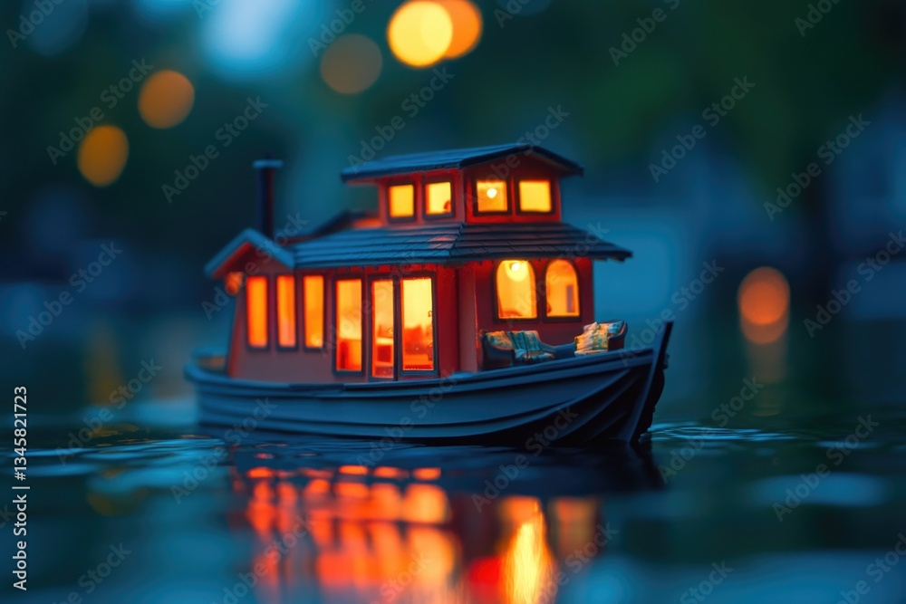 Poster A small boat floats calmly on the surface of a body of water, suitable for use in calm scenes or as a symbol of relaxation