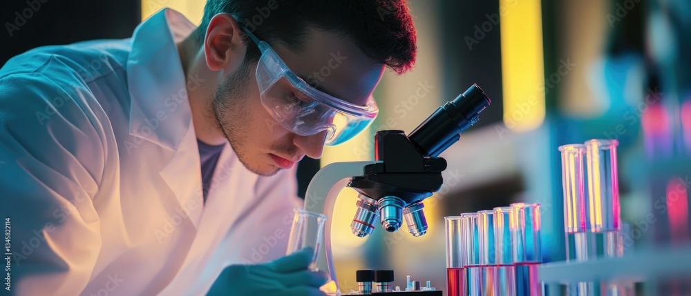 Poster A scientist examines a slide under a microscope, focusing on a sample or specimen