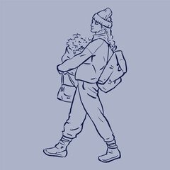 a girl in a sweater is walking with luggage vector for card decoration illustration