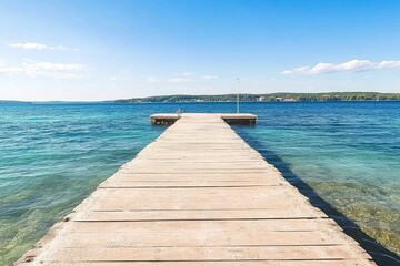 Obraz premium Tranquil Waters and Wooden Pier Stretching Out to a Beautiful Clear Horizon