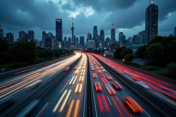Fototapeta premium City skyline views featuring traffic on a busy highway at night