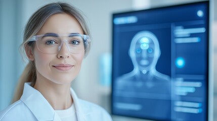 Fototapeta premium Woman interacting with an AI-driven smart mirror in a modern laboratory setting for beauty and health assessment