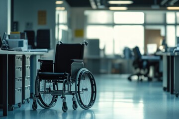 A wheelchair sits alone in an empty office space