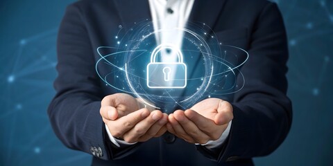 A person in a suit holds a glowing digital lock icon, surrounded by a network of light lines, against a blue background, symbolizing cybersecurity.