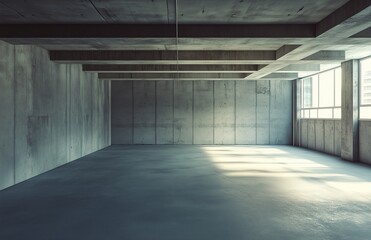 Obraz premium The basement room on the bottom floor of the building's parking lot is empty in an industrial cast concrete style. Abstract modern minimal background