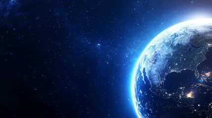 A blue gradient background with the Earth at night, with an open window on one side and a computer screen glowing in light blue. 