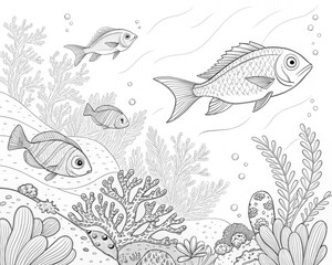 Fototapeta premium cute fish coloring page for kids, coloring page of a fish, Anti-stress for adults, black and white doodle, coloring page, Coloring Book Page