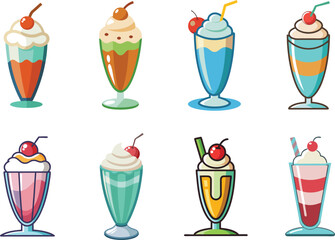 Assortment of delicious and colorful retro milkshakes with cherries on top
