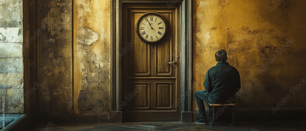 Aufkleber a person sits in front of a door with a clock on it, waiting or contemplating
