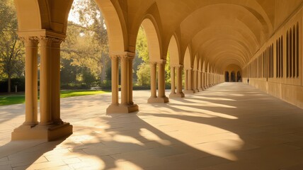 Sunlit Stone Arcade with Columns and Arches Casting Shadows on Pathway