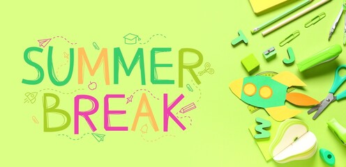 Text SUMMER BREAK and school supplies on green background, top view