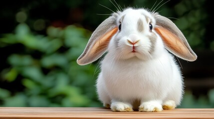 Obraz premium Cute white rabbit is sitting on a wooden table. The rabbit has big ears and a curious expression on its face