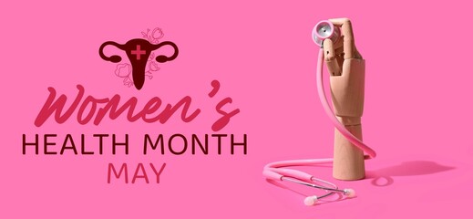 Wooden hand with stethoscope on pink background. Banner for Women's Health Month