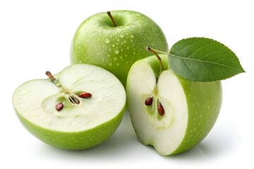 Fresh Green Apples – Whole and Sliced on White Background in High-Key Photography