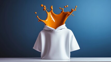 White hoodie with orange paint splattered on it. The hoodie is upside down and the paint is dripping down its neck. The image has a playful and creative vibe