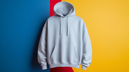 Hoodie is hanging on a wall with a blue and yellow background. The hoodie is white and has a blue stripe on it. Concept of casualness and comfort