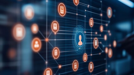 Person accessing government services through a digital interface featuring network connections and personal information nodes