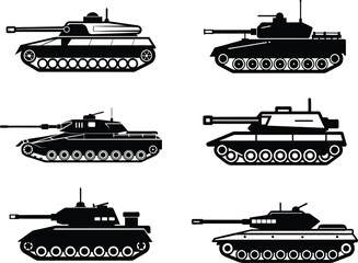 Fototapeta premium Collection of Military Tanks in silhouette. 