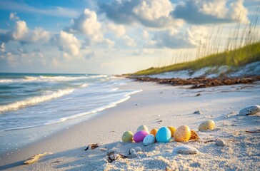 Obraz premium Colorful Easter eggs scattered on a serene beach shoreline with gentle waves, fluffy clouds, and green grass in the background during sunset