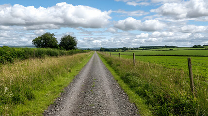 Gravel Road Leads Through Green Fields Under A Blue Sky With Fluffy White Clouds And Trees In Distance