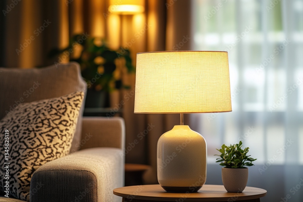 Poster a simple white lamp sits on a table beside a cozy couch, perfect for a reading nook or study area
