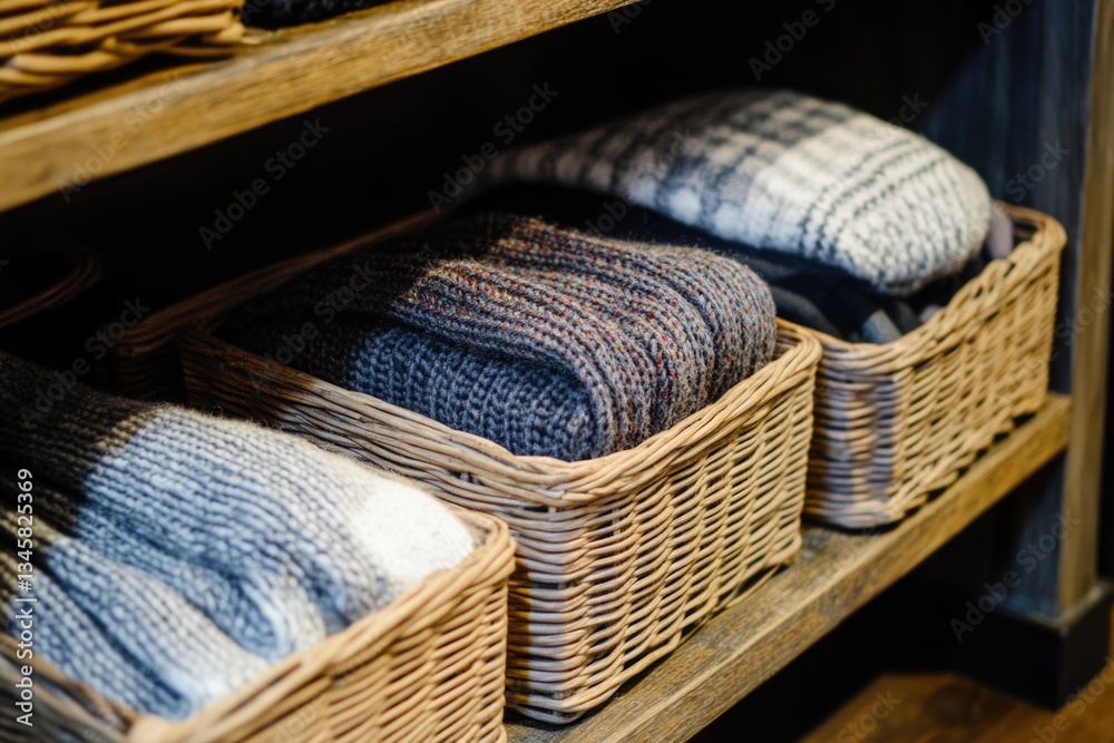 Aufkleber a wooden shelf filled with wicker baskets holding various sweaters for storage or display