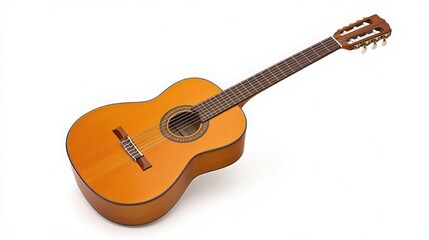 A beautifully crafted acoustic guitar with a natural wood finish, showcasing its elegant shape and detailed craftsmanship.