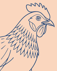 Fototapeta premium Illustration of a chicken head in blue lines on a light peach colored background. Perfect for Spring Invitations, Holiday Branding, and Creative Event Projects
