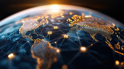 Technology 5G networks wireless streaming. Digital representation of a connected globe with glowing lights.