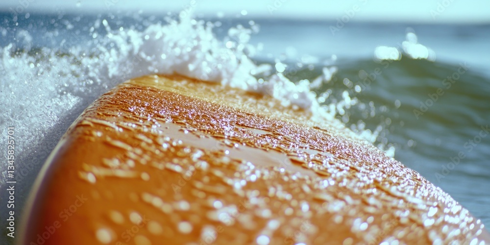 Poster a close-up shot of a surfboard floating on calm waters, ideal for travel or sports-related use