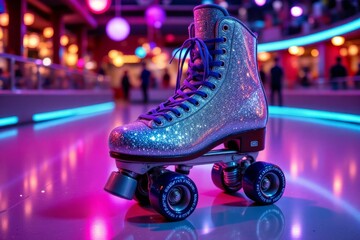 A Silver Glitter Roller Skate With Blue Laces On Display