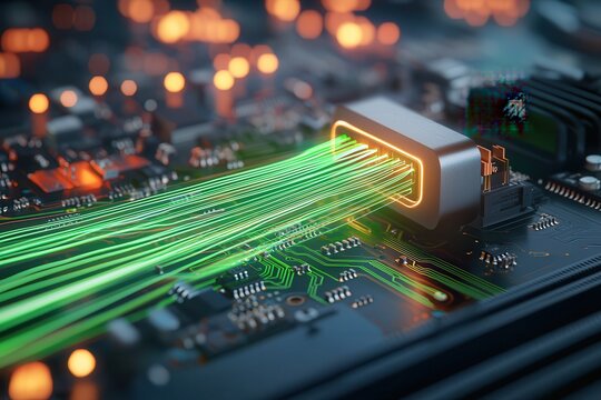 Technology 5G networks wireless streaming. Futuristic circuit board with glowing data streams.