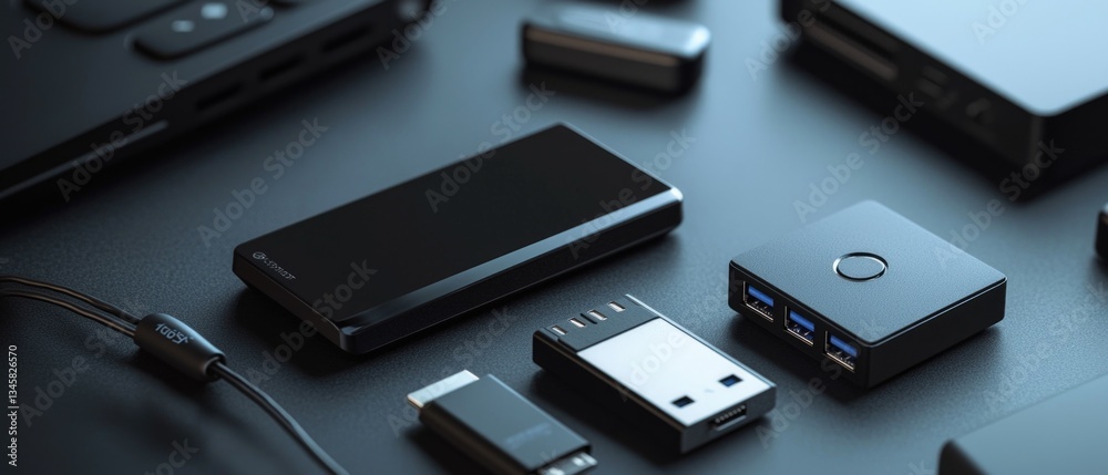 Poster Group of electronic devices arranged on a table, possibly for display or testing