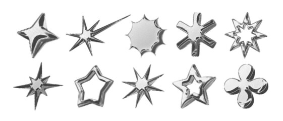 Y2k 3d chrome halftone stars shape retro abstract elements vector illustration set. Chrome silver 3d metallic halftone semitone retro effect collection. Y2k space various star retro futuristic shapes.