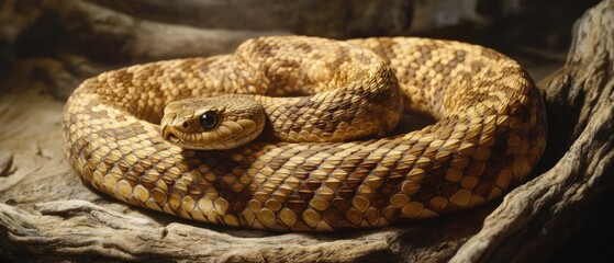A close-up view of a snake curled around a rock, its scales glistening in the light