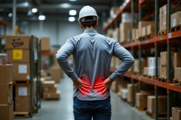 A warehouse worker suffering from back pain in a storage facility