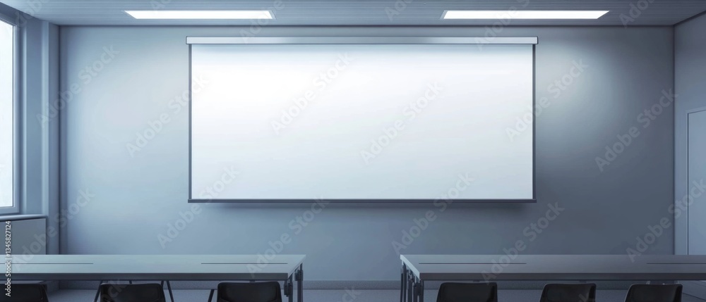 Poster A blank classroom with desks and a projector screen ready for teaching or learning