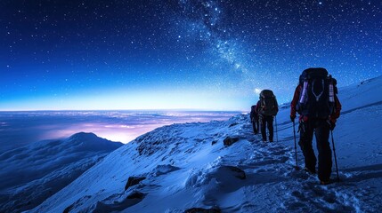 Hikers climb a snowy mountain ridge under a starry sky at night