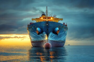 A big boat is situated in the middle of a lake or sea