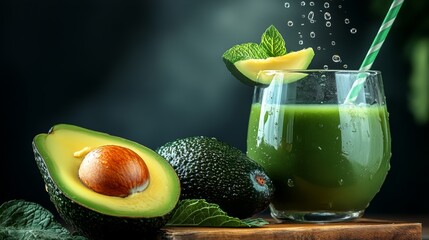 Glass of green juice with a green avocado on the table. The juice is cold and refreshing, and the avocado adds a healthy touch to the drink