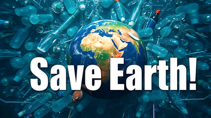 A powerful image of Earth surrounded by plastic waste, emphasizing the urgent need to reduce pollution and protect marine life. The bold "SAVE EARTH" text reinforces the environmental message.