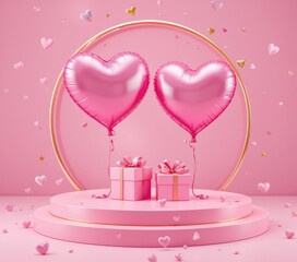Heart Balloons with Gift Boxes on Pink Podium for Valentine's Day