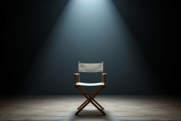 A single folding chair is lit by a single spotlight above