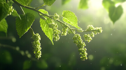 Close Up Of Green Leaves And Flowers On Branch With Sun Shining Through Creating Light