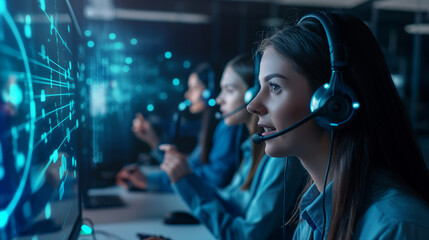 Elevating customer service with blue technology hologram of Digital on screen network, Staff women with headsets and AI interfaces